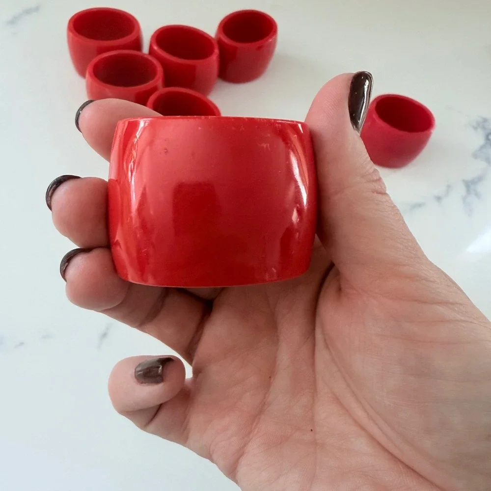 Vintage Red Acrylic Napkin Rings Set of 7 Chunky Plastic Barrel Table Decor